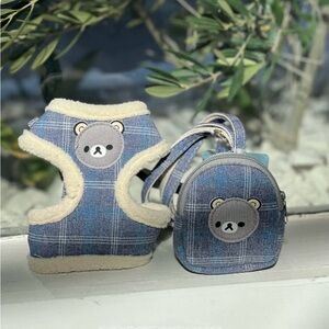 Blue Denim Pet Harness and Leash Set with Bear Design